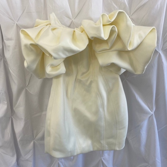 House of CB Selena Ivory Satin Ruffle Strapless Dress